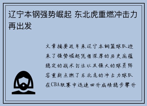 辽宁本钢强势崛起 东北虎重燃冲击力再出发