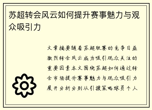 苏超转会风云如何提升赛事魅力与观众吸引力